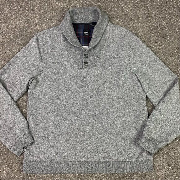 Hugo Boss Shawl Collar Cotton Sweater Jumper Men's Large Fits Short Medium Gray - Picture 1 of 12